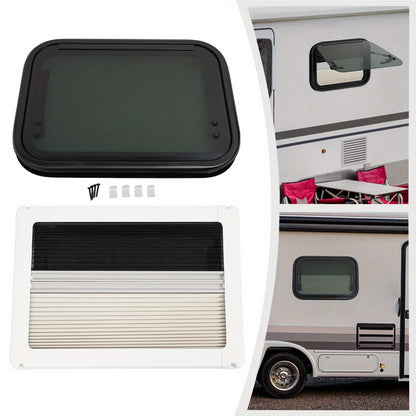 Caravanraam – Uitzetraam – Camperraam – Trailerraam – Ventilatieraam – Aluminiumlegering & gehard glas – Insectengaas en zonwering inbegrepen – 50x35 cm – Wit/Zwart
