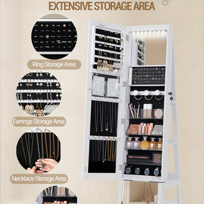 Mirror Jewellery Cabinet, Standing Jewellery Organiser with 360° Rotating Base, Full Length Lockable Mirror, Large 4-Tier Storage Compartments, 4-in-1 Multifunctional, White, Jewelry Armoires - QUORE