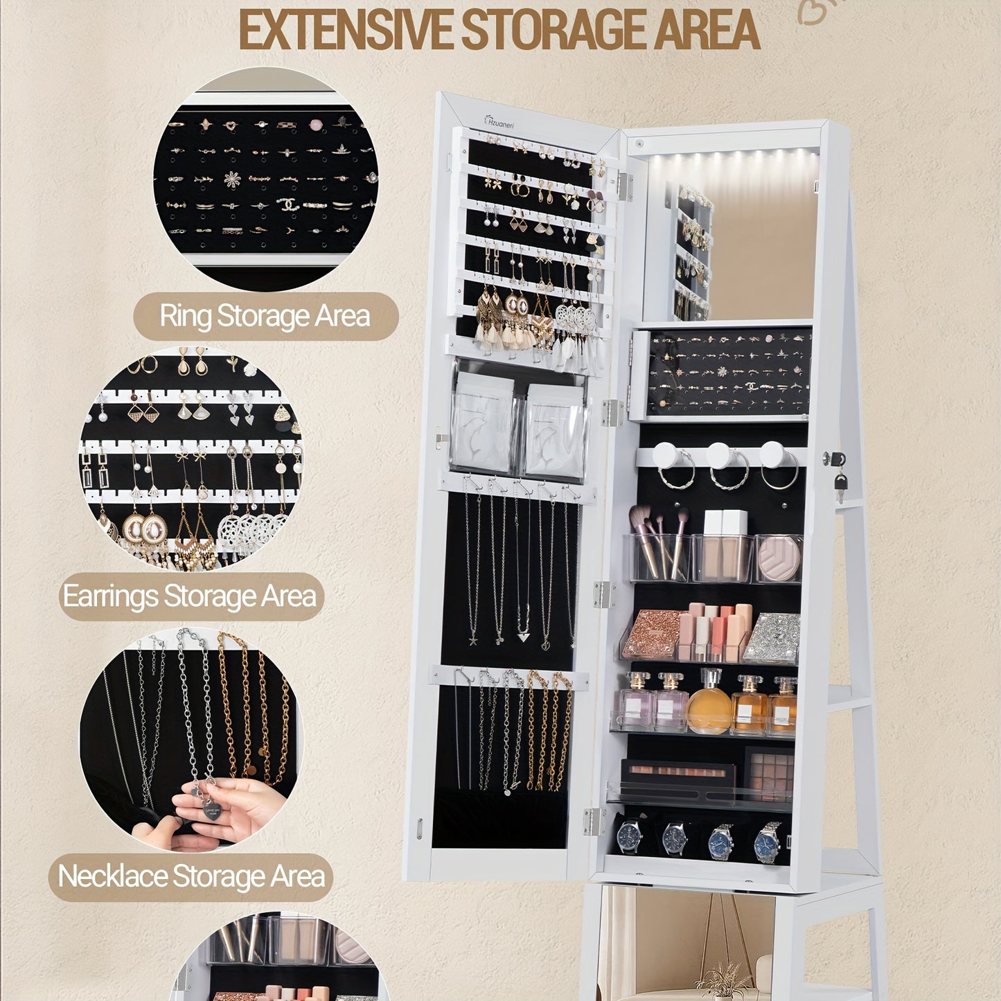Mirror Jewellery Cabinet, Standing Jewellery Organiser with 360° Rotating Base, Full Length Lockable Mirror, Large 4-Tier Storage Compartments, 4-in-1 Multifunctional, White, Jewelry Armoires - QUORE