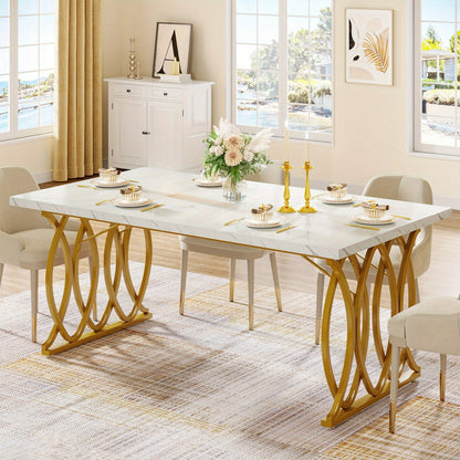 Eettafel – Tafel – Eettafel Modern – Keukentafel – Marmeren Tafel – Wit Gouden Design – 160 cm Groot – MDF & Stalen Constructie