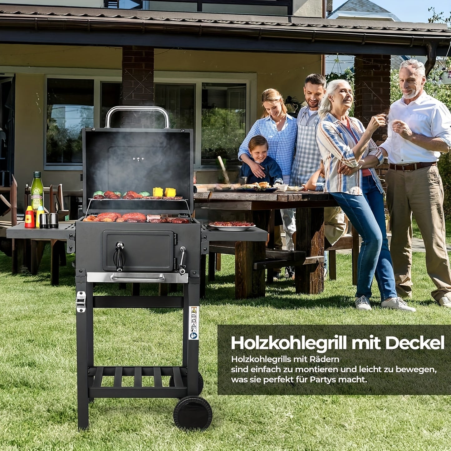 Houtskoolbarbecue – BBQ Grill – Smoker – Buitenbarbecue – Tuinbarbecue – Dubbel Grilloppervlak – Ingebouwde Thermometer – Verstelbare Houtskoolbak – Wielen Met Rem – Robuuste Metalen Constructie