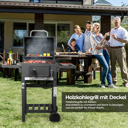 Houtskoolbarbecue – BBQ Grill – Smoker – Buitenbarbecue – Tuinbarbecue – Dubbel Grilloppervlak – Ingebouwde Thermometer – Verstelbare Houtskoolbak – Wielen Met Rem – Robuuste Metalen Constructie