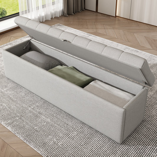 Opbergbank – Opbergbank – Zitbank – Opbergmeubel – Linnen Bank – Soft Cushion Bench – Lichtgrijs Linnen – Metalen Scharnieren – 141x41,5x47 cm – Multifunctioneel Compact