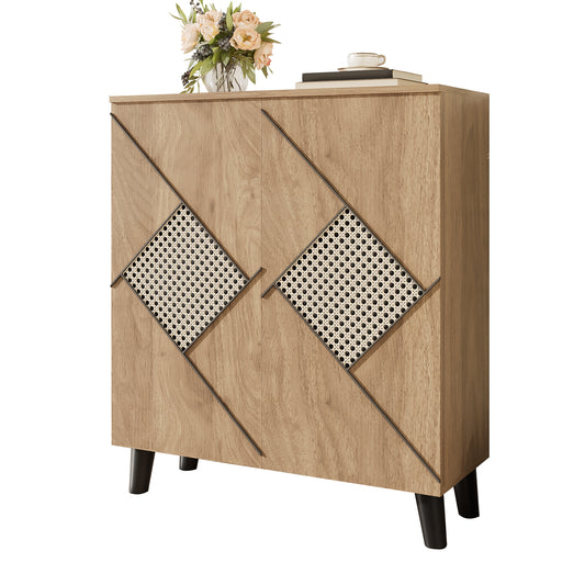 Schoenenkast – Schoenopbergkast – Schoenenrek – Schoenmeubel – Schoenenkast Hout – Modern Design – Decoratief Rattan Patroon – Compact 80x32x91 cm – Gesloten Deuren – Ruime Opbergruimte