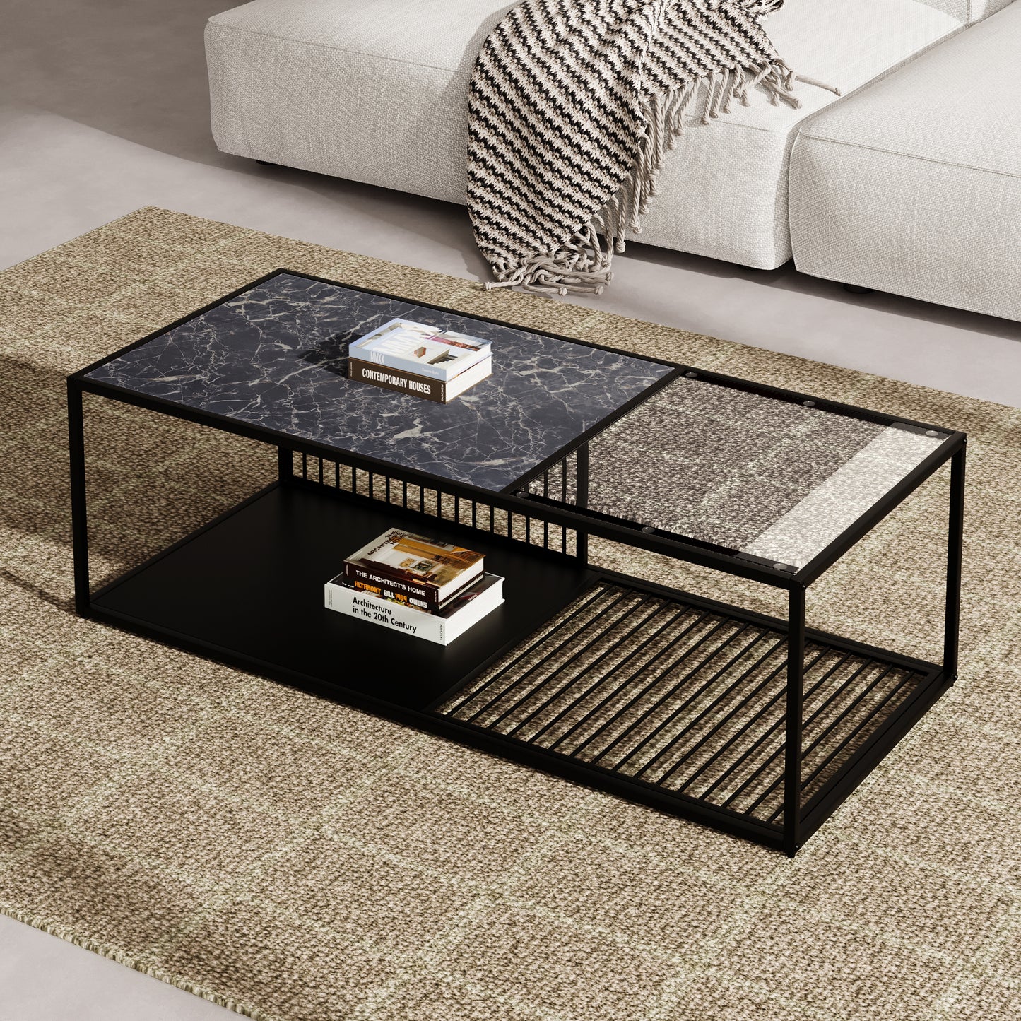 BTM Coffee Table, Wrought Iron Coffee Table with Glass, Large Storage Space