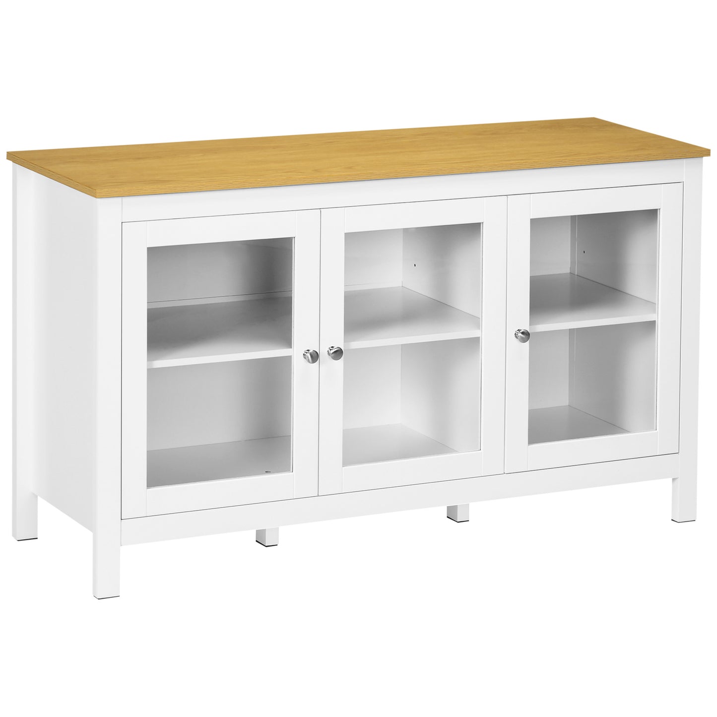 Opbergkast – Dressoir – Buffettafel – Kast met Deuren – Wit – 3 Glazen Deuren – 2 Verstelbare Planken – Licht Houten Blad – 120x40x70 cm