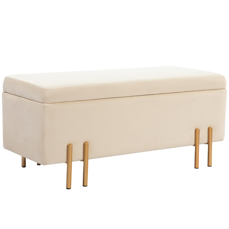 Opbergbank – Opbergbank – Zitbank – Opberghocker – Opbergmeubel – Beige Fluwelen Bekleding – Gouden Metalen Frame
