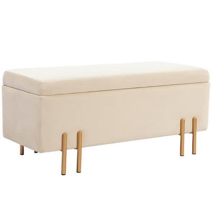 Opbergbank – Opbergbank – Zitbank – Opberghocker – Opbergmeubel – Beige Fluwelen Bekleding – Gouden Metalen Frame