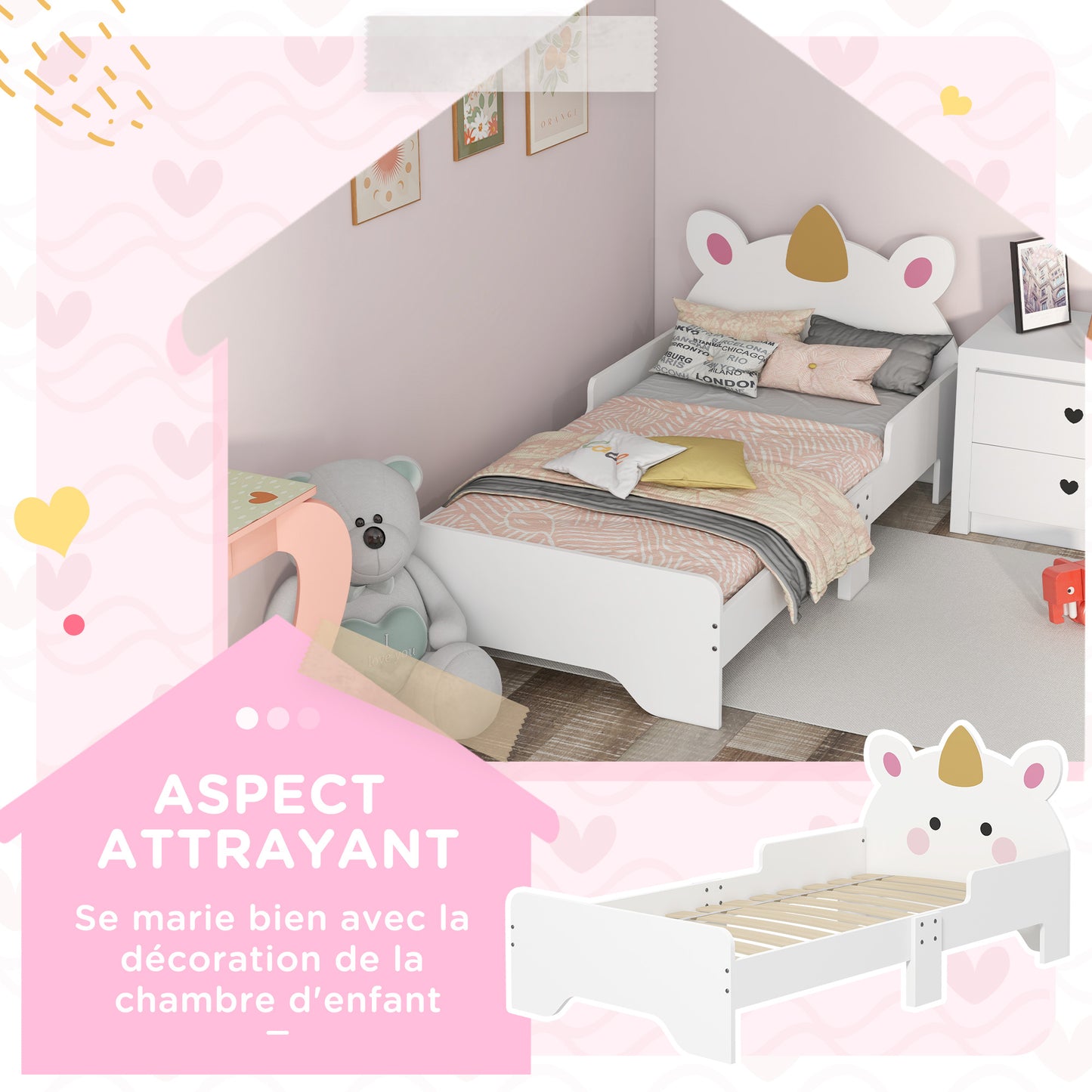 Kinderbed – Peuterbed – Jongensbed – Meisjesbed – Eenhoornbed – Laag Instapbed – MDF Constructie – 143x74x67 cm – Inclusief Lattenbodem – Veilig Zijhekje – Wit Met Eenhoornprint