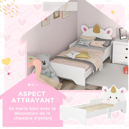 Kinderbed – Peuterbed – Jongensbed – Meisjesbed – Eenhoornbed – Laag Instapbed – MDF Constructie – 143x74x67 cm – Inclusief Lattenbodem – Veilig Zijhekje – Wit Met Eenhoornprint