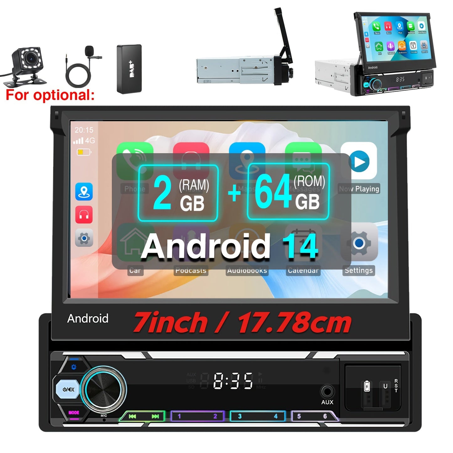 Autoradio – Car Stereo – Multimedia Speler – Single DIN Radio – Auto Entertainment – 7 Inch Uitklapbaar IPS-Scherm – Draadloze CarPlay & Android Auto