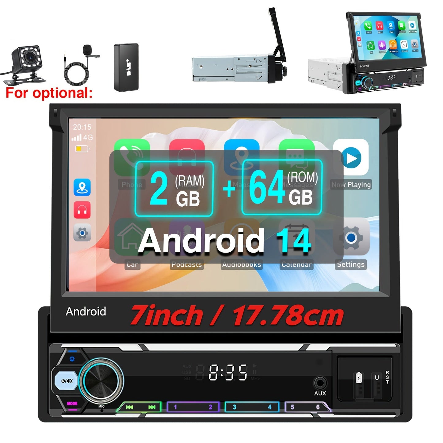 Autoradio – Car Stereo – Multimedia Speler – 1 DIN Radio – Auto Audio – Android 14 – 7 Inch Uitschuifbaar IPS Scherm – Draadloze CarPlay & Android Auto