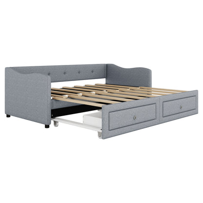 Slaapbank – Sofa Bed – Bedbank – Uitschuifbed – Bedbank met Lade – Grijze Linnenstof – Ruimtebesparend Ontwerp – Met 2 Opberglades