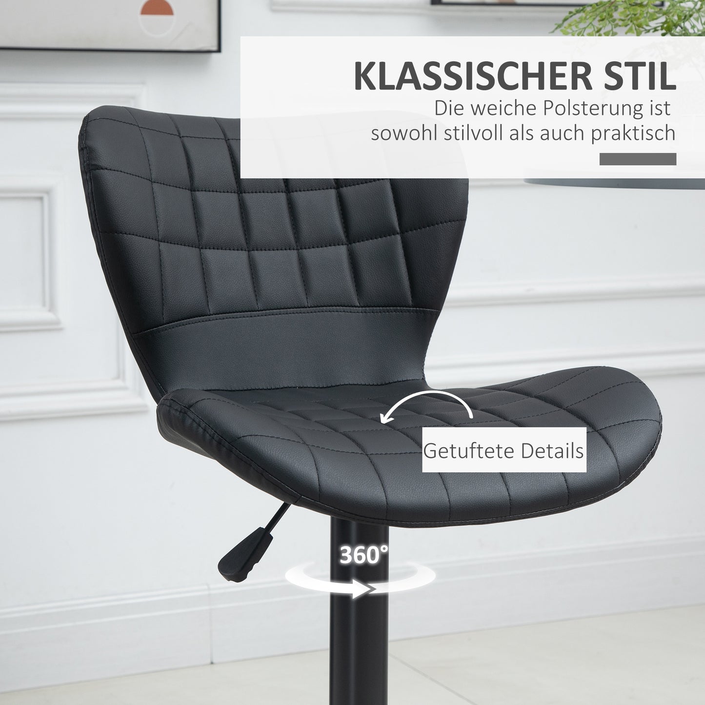Barkruk – Barstoel – Bistrokruk – Keukenstoel – Kruk – Kunstleer – 360° Draaibaar – Verstelbare Zithoogte 89-109 cm – Zwarte Bekleding