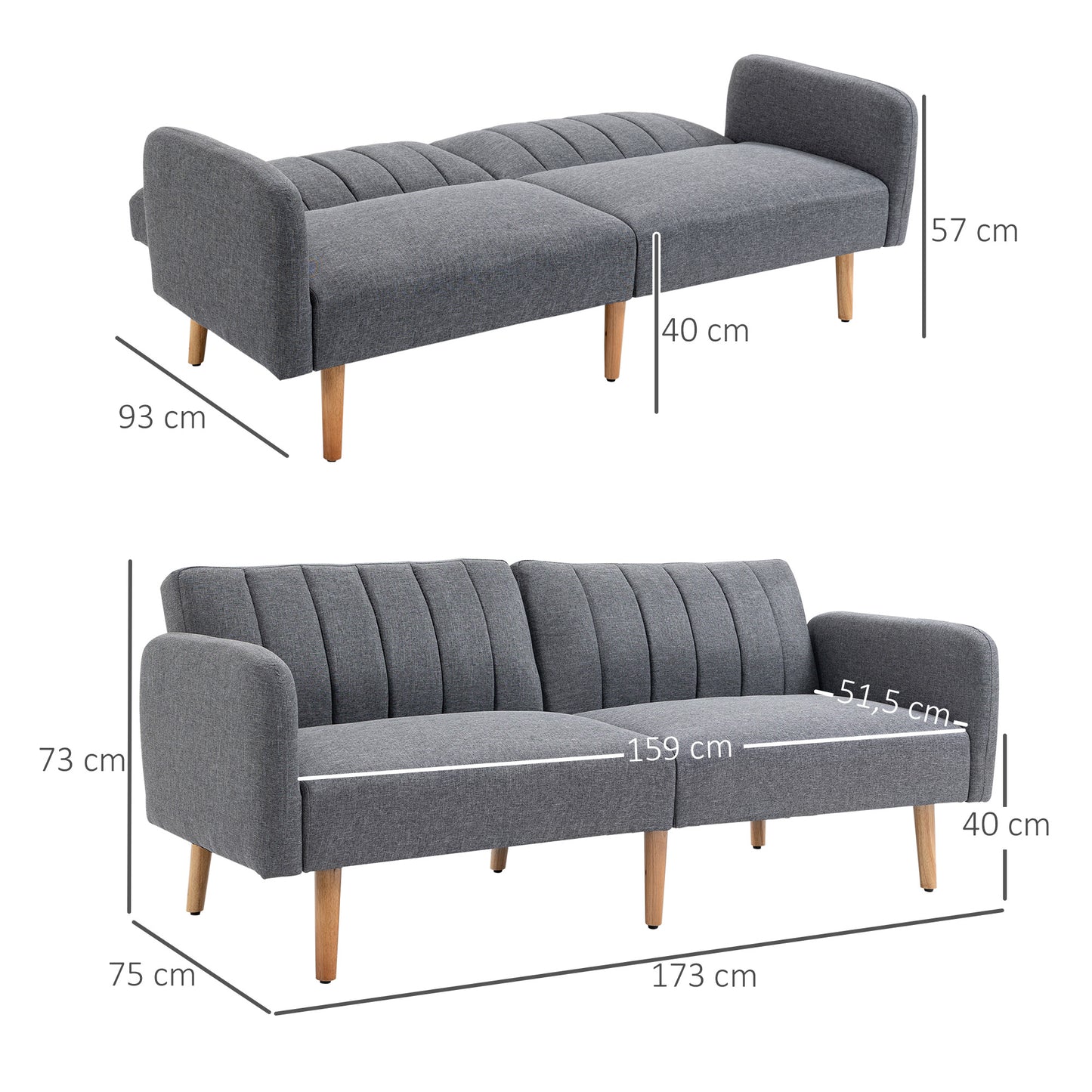 Slaapbank – Uitklapbare Sofa – Bedbank – Stofbank – Tweezitsbank – Verstelbare Rugleuning – Linnenlook Polyester – Rubberenhouten Poten – 173x75x73 cm – Comfortabel & Stabiel