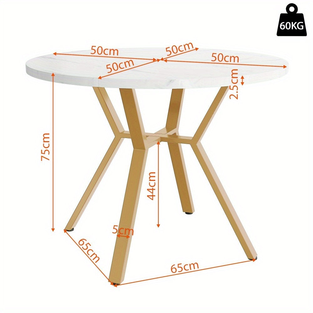 Eettafel – Dinertafel – Keukentafel – Ronde Tafel – Tafeltje – 1 Meter Diameter – Wit-Grijs Marmeren Blad – Stevige Metalen Poten
