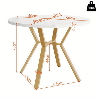 Eettafel – Dinertafel – Keukentafel – Ronde Tafel – Tafeltje – 1 Meter Diameter – Wit-Grijs Marmeren Blad – Stevige Metalen Poten