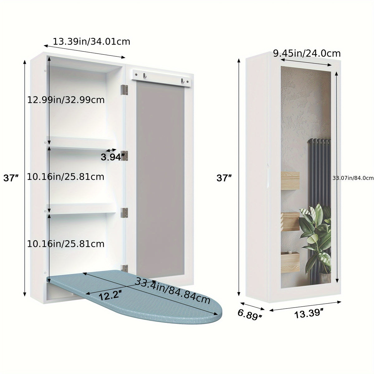 1 Set Wall Mounted Ironing Board Cabinet With Iron Storage, Built-in Ironing Center, Laundry Hanging Ironing Board And Mirror