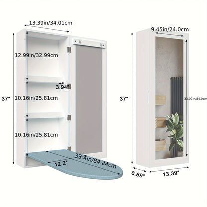 1 Set Wall Mounted Ironing Board Cabinet With Iron Storage, Built-in Ironing Center, Laundry Hanging Ironing Board And Mirror