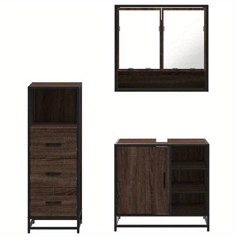Badkamermeubelset – Badkamerkast – Wastafelonderkast – Spiegelkast – Opbergmeubel – Bruin Eikenlook – 3-Delige Set – Hoogwaardige Materialen