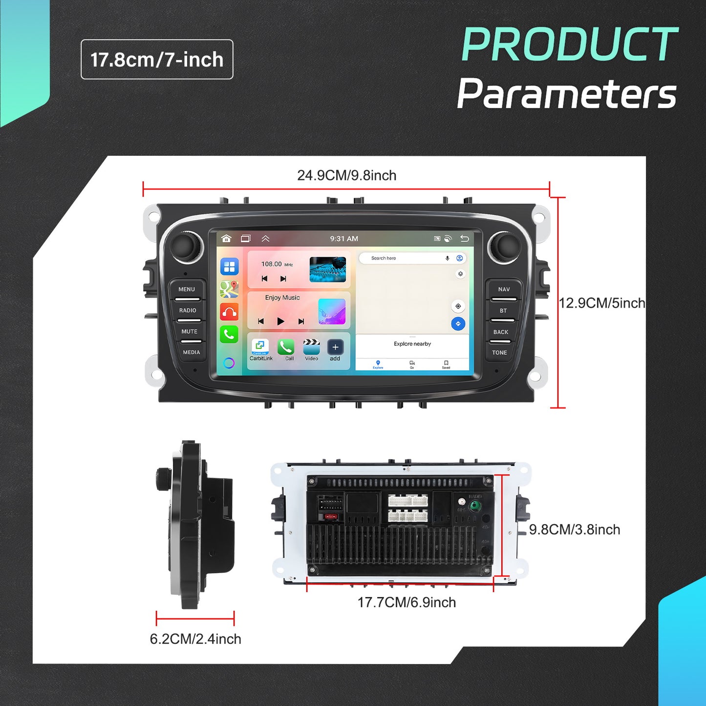 Android Multimedia Systeem – Autoradio – Navigatiesysteem – Touchscreen – DAB+ – 7 Inch IPS Scherm – 8-Core Processor & 6GB RAM – Inclusief Achteruitrijcamera en Microfoon