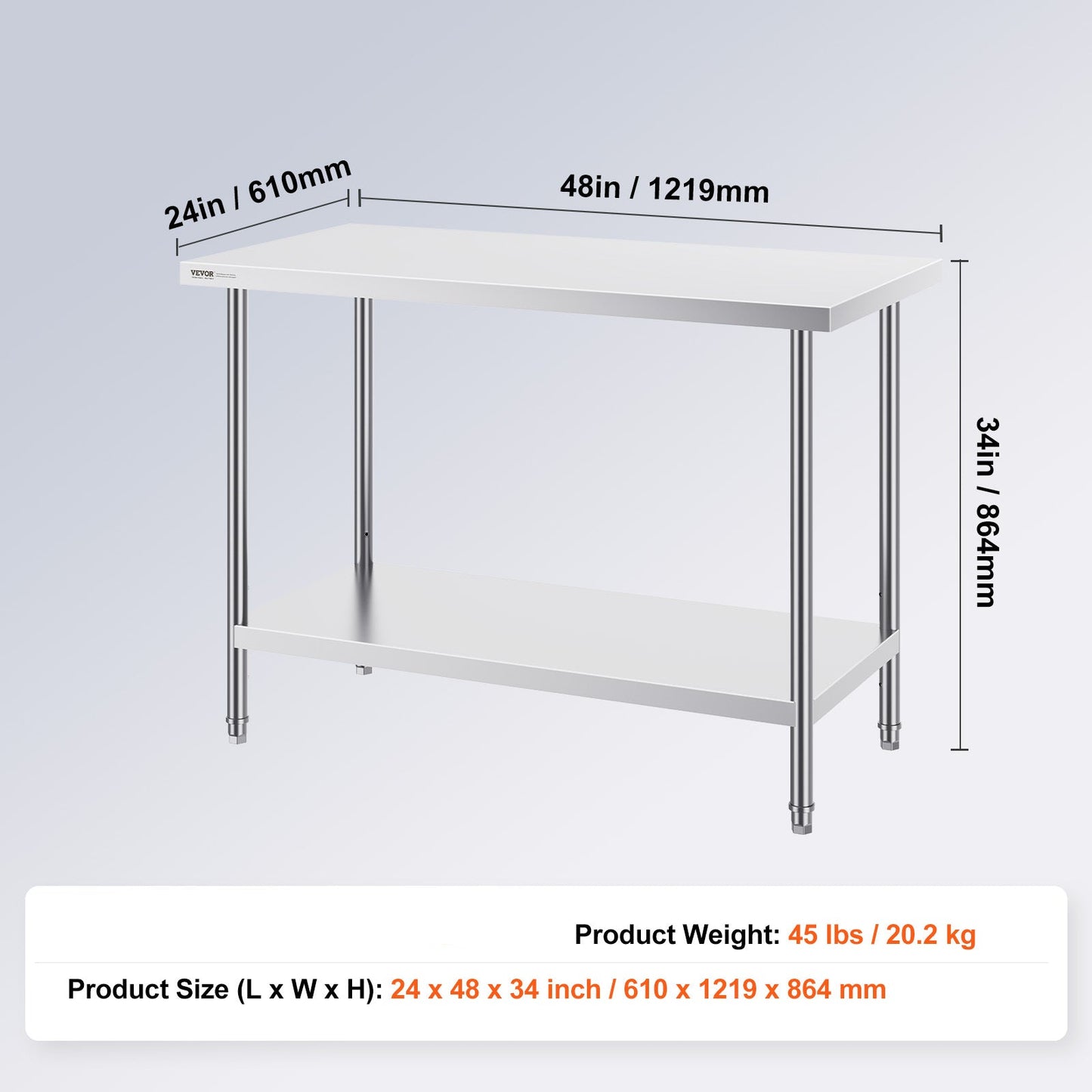 Professionele RVS Werktafel – Werkbank – Keukentafel – Werkbank RVS – RVS Werktafel Horeca – 122x61x86 cm – Verstelbare Legplanken – Roestvrij Staal SUS201