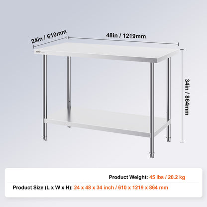 Professionele RVS Werktafel – Werkbank – Keukentafel – Werkbank RVS – RVS Werktafel Horeca – 122x61x86 cm – Verstelbare Legplanken – Roestvrij Staal SUS201