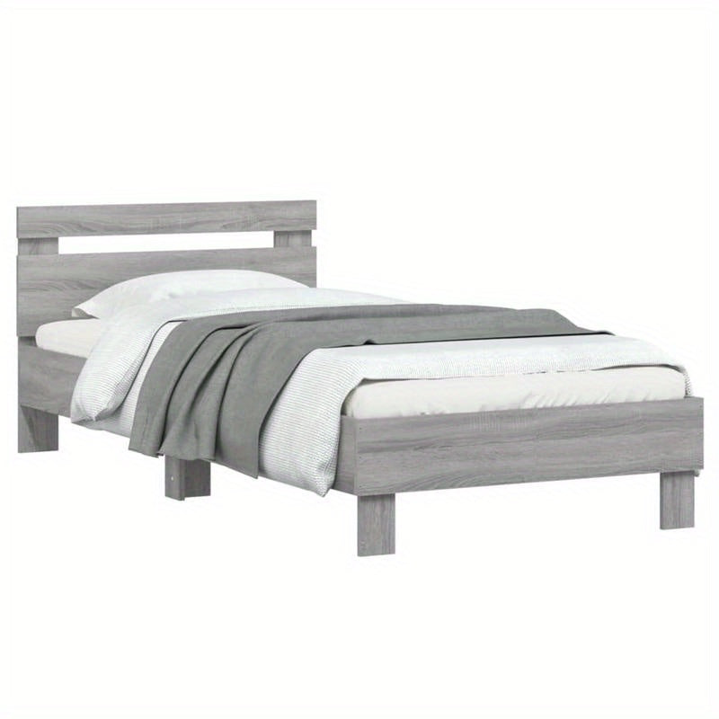 Modern Minimalist Bed Frame with Headboard - Heavy-Duty Hardwood Construction, Easy Assembly, Tool-Free Setup, Space-Saving Design - for Small to Large Bedrooms - Grigio Sonoma (90x200cm/35x79") - Neutral Modern Bedroom Furni