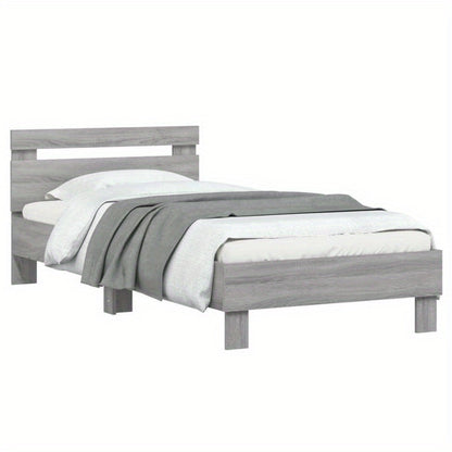 Modern Minimalist Bed Frame with Headboard - Heavy-Duty Hardwood Construction, Easy Assembly, Tool-Free Setup, Space-Saving Design - for Small to Large Bedrooms - Grigio Sonoma (90x200cm/35x79") - Neutral Modern Bedroom Furni