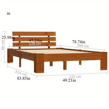 Houten Bed 120x200 – Massief Bedframe – Ledikant – Boxspring – Eenpersoonsbed – Massief Dennenhout – Honingbruine Kleur – Eenvoudige Montage