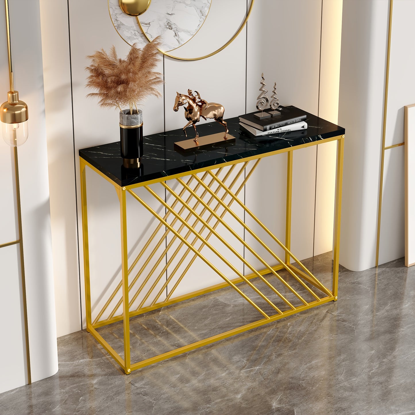 Sidetable – Consoletafel – Wandtafel – Haltafel – Dressoir – Zwart met Gouden Accenten – Hoogglans MDF – 99 cm Breed – Stevig en Eenvoudig te Monteren