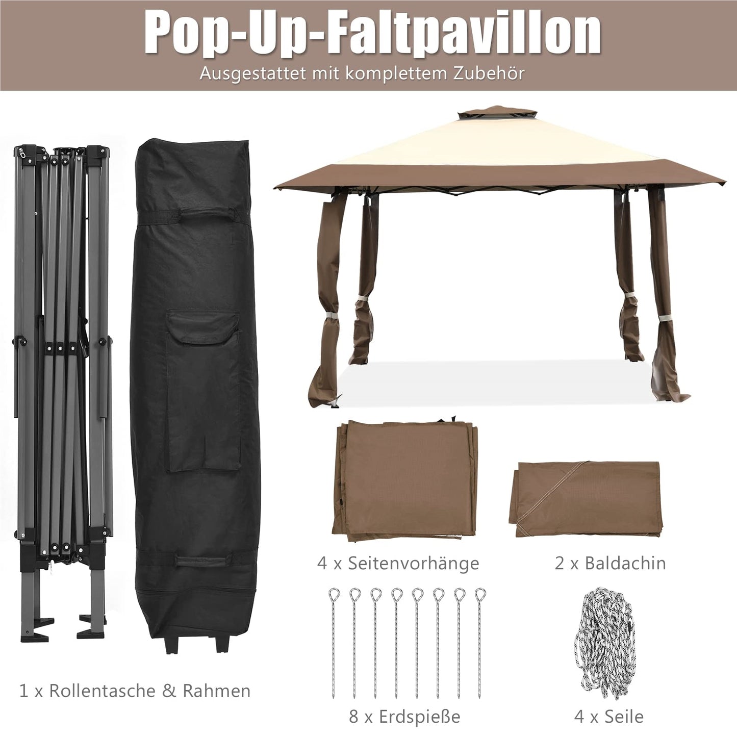 Paviljoen – Tuinpaviljoen – Tuintent – Gardentent – Pavilion 4x4m – Waterdicht – Dubbel Dak – UV Bescherming 50+ – Stevig Stalen Frame – Opvouwbaar Met Trolleytas – Winterbestendig – Bruin-Beige
