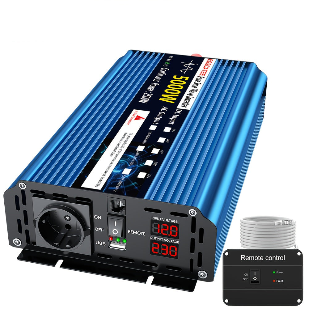 Omvormer 12V 5000W – Power Inverter – Spanningsomzetter – Zuivere Sinusgolf Converter – DC naar AC Adapter – Continue 2500W Output – Automatische Temperatuurregeling