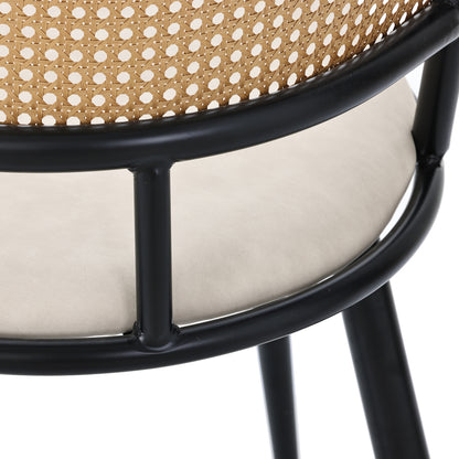 Modern Black Accent Chair with PU Cushioned Seat & Wicker-like Rattan Backrest - Sturdy Metal Frame, Beige/Black Color Options - Easy Assembly Non-Wood Furniture for Living Room, Bedroom, - Durable Comfortable Armchair