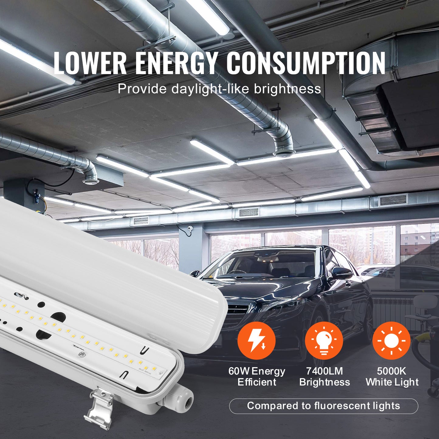 Led Armatuur – LED Plafondlamp – Werkplaatsverlichting – Vapor tight lamp – Industrieel armatuur – 60W – 7400LM – IP65 Water- en Stofdicht – 5000K Daglichtkleur