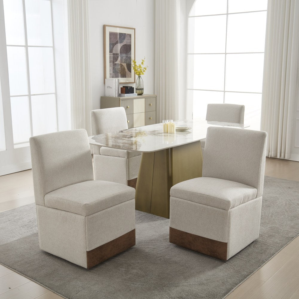 Eetkamerstoelen – Stoelen – Dining Chairs – Armloze Stoel – Linnen Stoel – Beige Linnen – Met Wieltjes – Met Opbergruimte