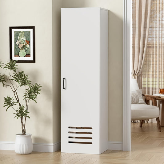 JoliJour White Wooden Tool Cabinet - 160x40x30cm Multi-Purpose Storage Organizer with 3 Shelves, Space-Saving Narrow Design for Cleaning Tools, Brooms & Household Items, Contemporary Style, Easy Assembly, Durable & Stylish Home Organization, Tool Storage