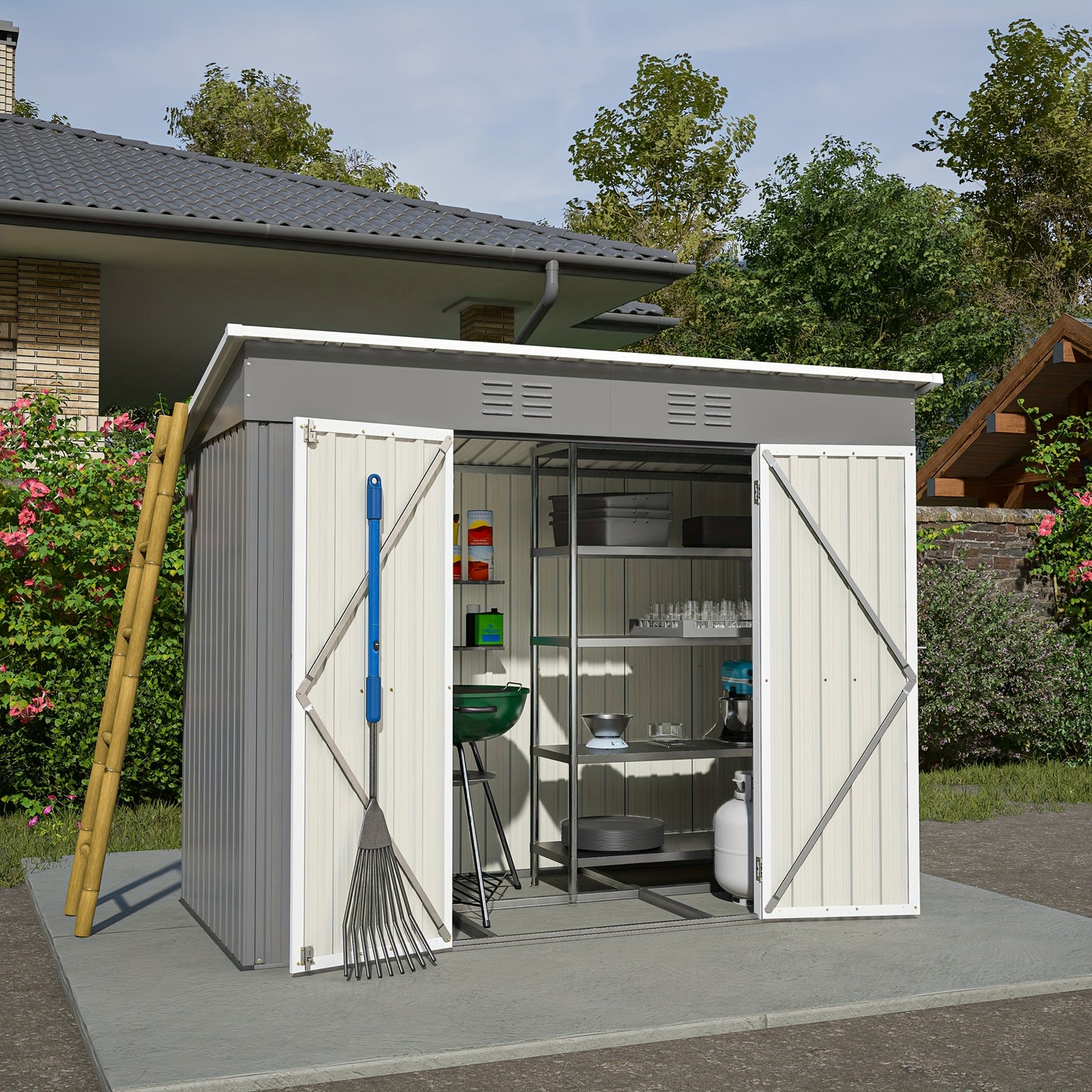 Metalen Tuinschuur – Tuinberging – Tuinhuisje – Opslagschuur – Fietsenberging – Gegalvaniseerd Staal – Ventilatie En Sluitbaar Deursysteem – 244x122 cm Grijs