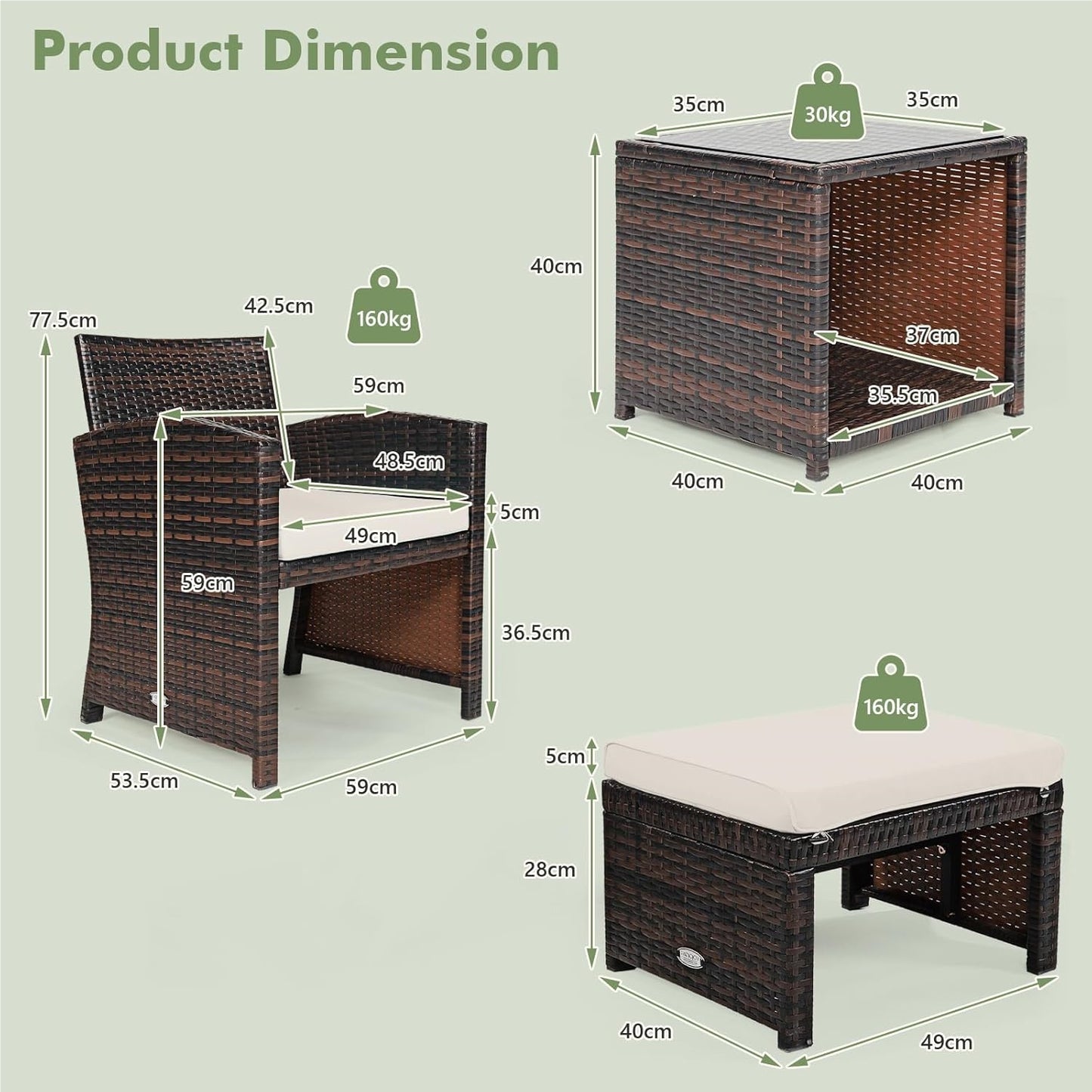 Rotan Tuinset – Tuinmeubelset – Balkonset – Loungeset – Buitenmeubelen – Weerbestendig PE Rotan – Tafel 40x40 cm Met Gehard Glas