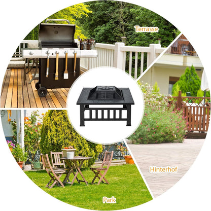 Vuurschaal – Vuurkorf – Tuinhaard – Sfeerhaard – Terrasverwarmer – Staal – 81x81x50 cm – 3-in-1 Multifunctioneel Met Grillrooster & Vonkenscherm