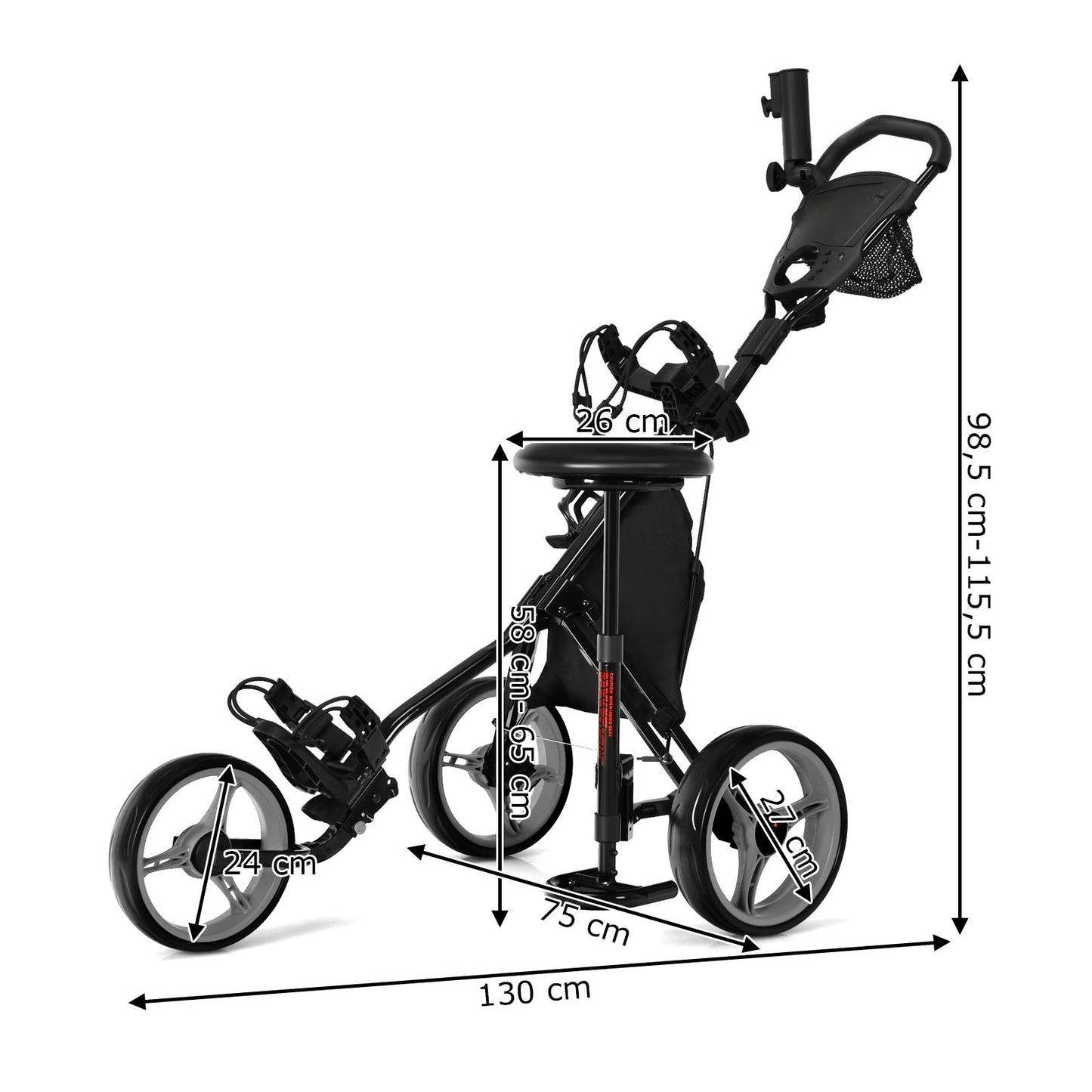 Golf Trolley – Golf Buggy – Golfkar – Golfwagen – Golf Push Pull Cart – Inklapbaar – Lichtgewicht – Verstelbare Handgreep En Zitting – Scorekaarthouder – 3 Wielen – Stevig Frame – Zwart
