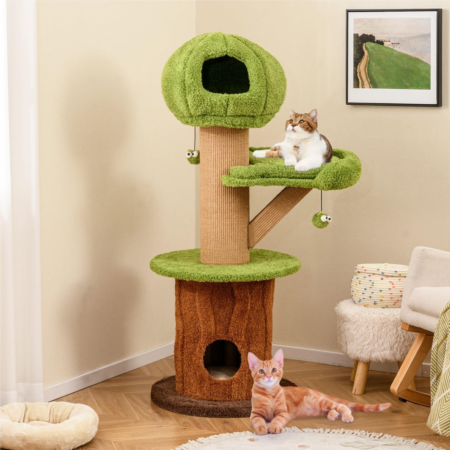 Kattenboom – Krabpaal – Klimmeubel – Kattenhuis – Kattenklimtoestel – Met Kattenholte en Speelballen – Stevig Houten Frame met Sisal Krablaag – Afmeting 60x60x148 cm – Bruin Groen Natuurlijk