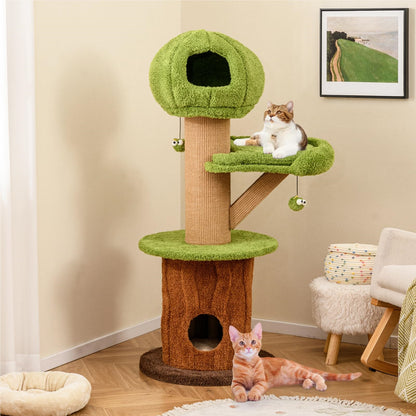 Kattenboom – Krabpaal – Klimmeubel – Kattenhuis – Kattenklimtoestel – Met Kattenholte en Speelballen – Stevig Houten Frame met Sisal Krablaag – Afmeting 60x60x148 cm – Bruin Groen Natuurlijk