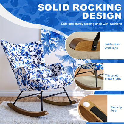 Schommelstoel – Relaxstoel – Fauteuil – Loungestoel – Schommelstoelen – Ergonomisch Hoog Rugleuning – Metaal Frame Met Massief Houten Schommelbasis – Antislip Houten Poten – Blauw Bloemenpatroon
