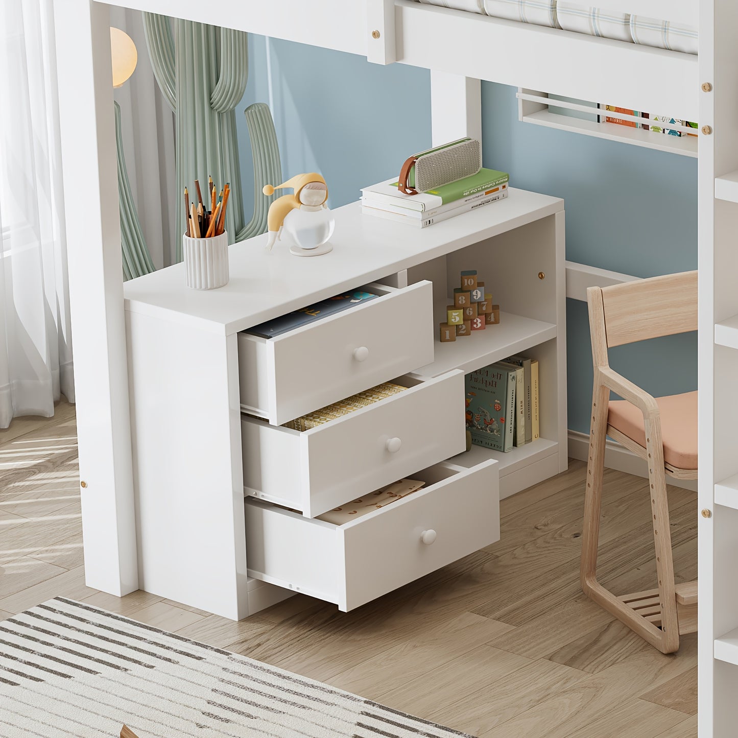 Hoogslaper – Stapelbed – Bedbank – Halfhoogslaper – Kinderbed – Wit Design – Inclusief Bureau en Opbergruimte – Bedmaat 90x200 cm – Volledig Gemonteerd