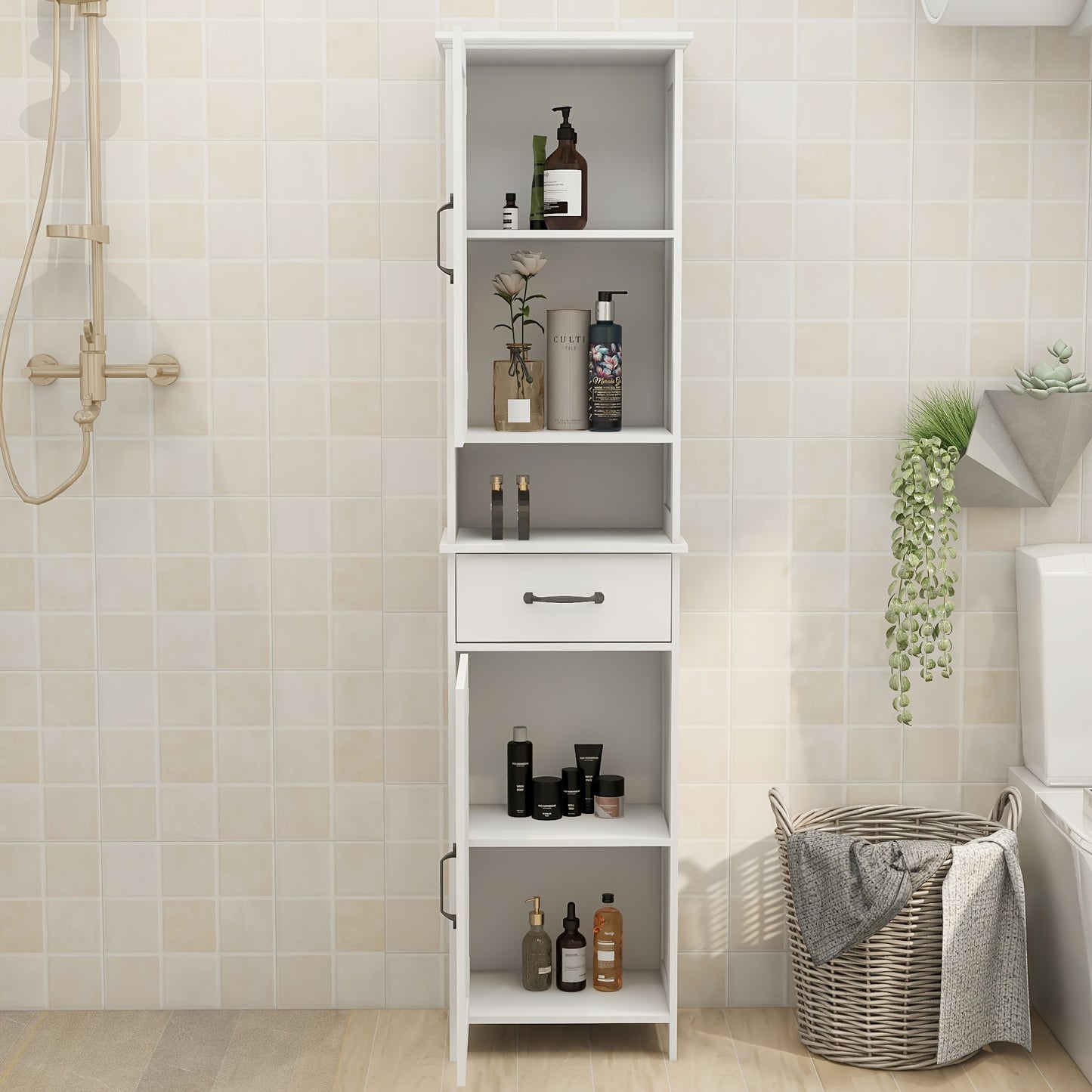 Bathroom cabinet, can be placed in the living room, bedroom and bathroom, 1 open space can store toiletries, 2 large cabinet doors can store more daily necessities, with large capacity drawers and door handles, white