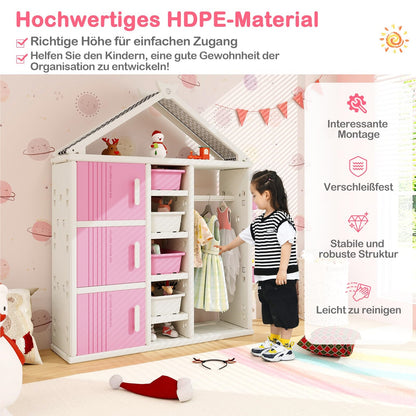 Kinderkast Huisstijl – Boekenkast Kind – Speelgoedkast – Opbergkast Kids – Kledingrek Kinderkamer – Roze – Veilig HDPE Materiaal – 4 Opbergboxen & Zijkorfjes