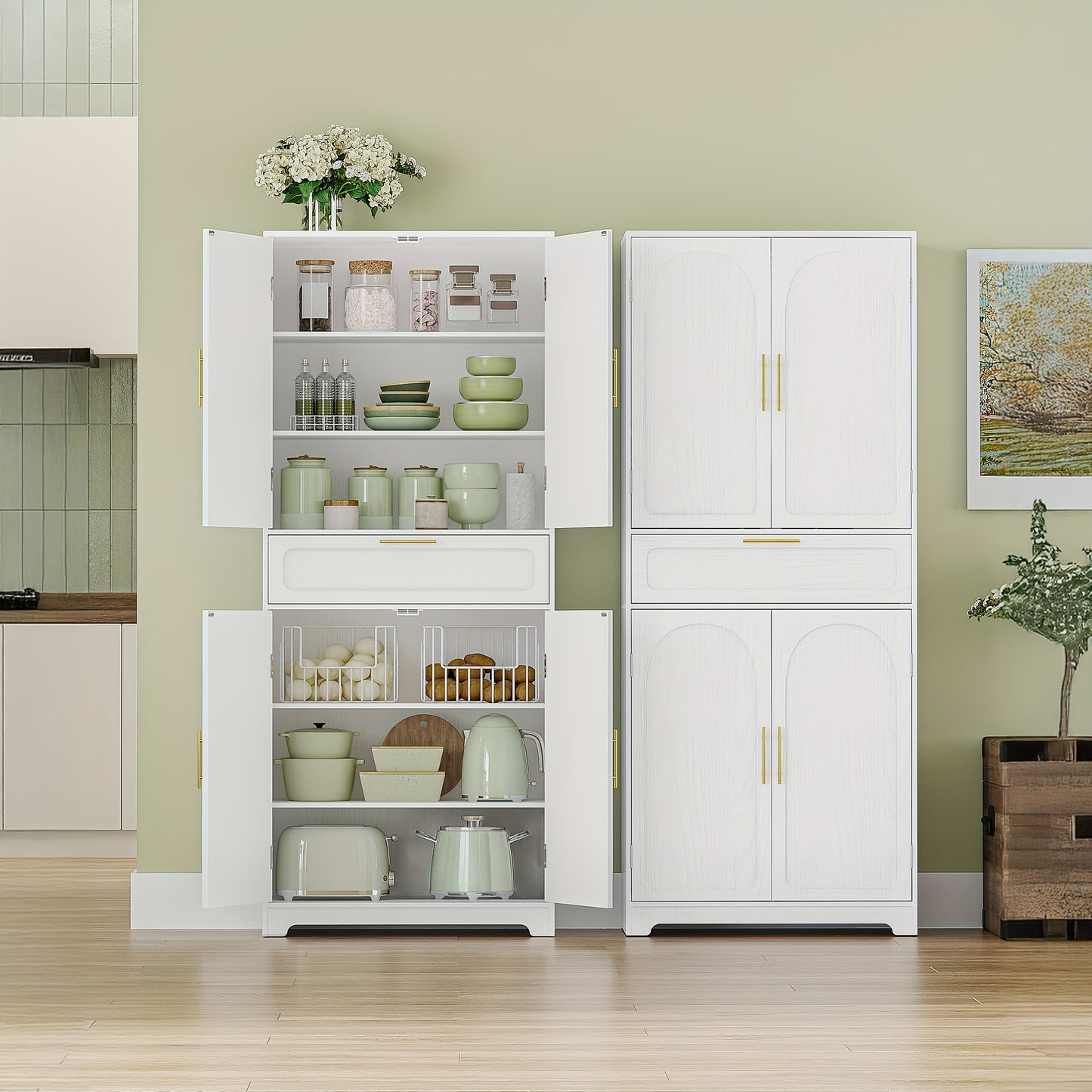 Kitchen Cabinet, Tall Cabinet with 4 Doors, Sideboard with 1 Large Drawer, Buffet Cabinet, Dining Room Cabinet, Adjustable Shelves, for Dining Room, Kitchen, Living Room, White