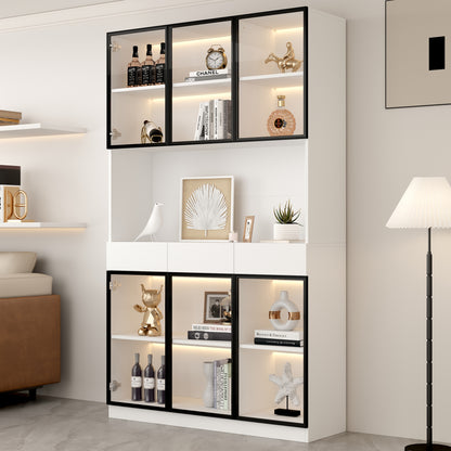 200 cm High Glass Cabinet Doors | White Multi-Tiered Storage Bookshelves with Black and White Door Frames, Suitable for Collectibles, Bedrooms, Living Rooms, and Offices, Contemporary Style, Metal Material