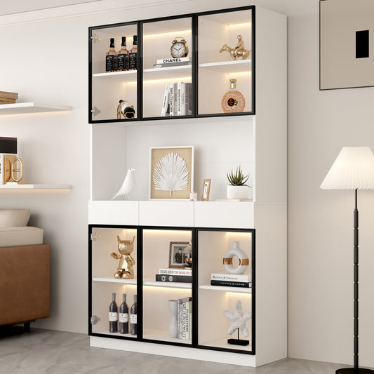 200 cm High Glass Cabinet Doors | White Multi-Tiered Storage Bookshelves with Black and White Door Frames, Suitable for Collectibles, Bedrooms, Living Rooms, and Offices, Contemporary Style, Metal Material